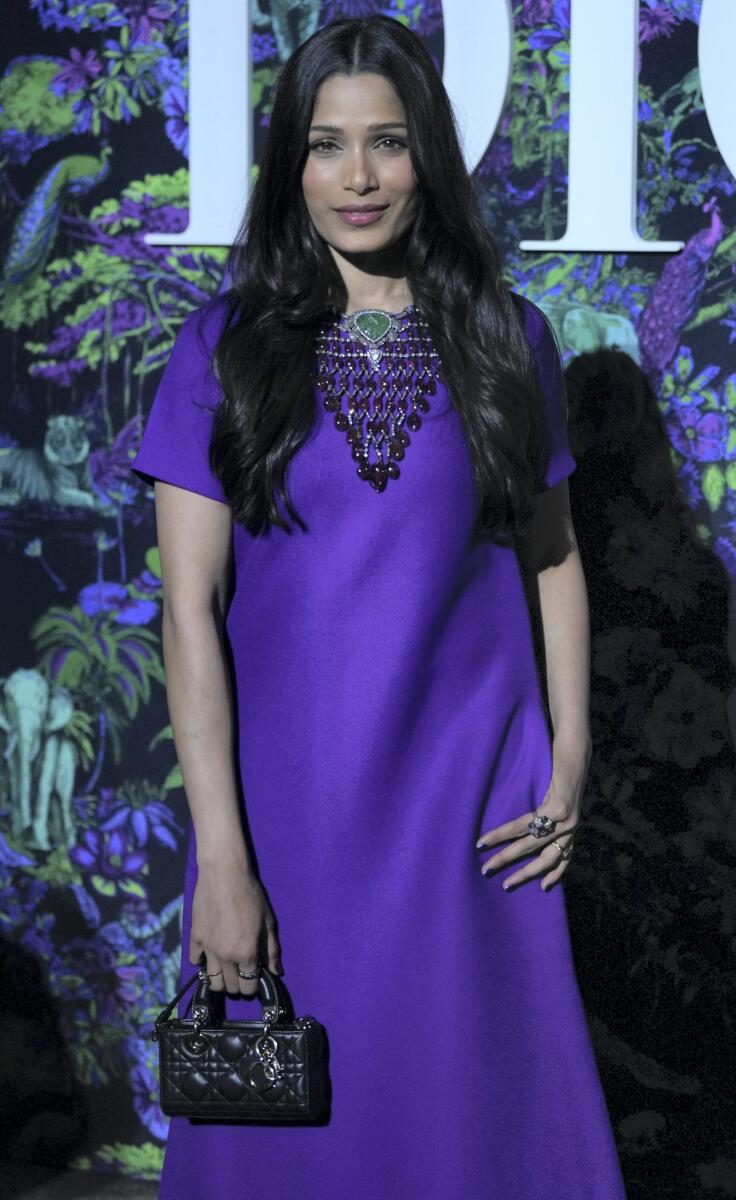 Freida Pinto in a striking purple dress and neck piece