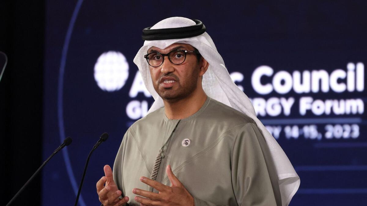 United Arab Emirates' Minister of State and CEO of the Abu Dhabi National Oil Company (ADNOC), Sultan Ahmed al-Jaber, addresses the public at the opening session of the Atlantic Council Global Energy Forum on Saturday. - AFP