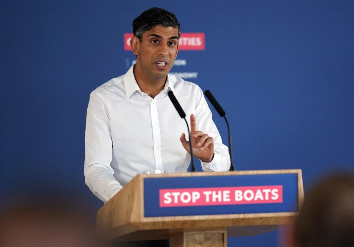 Britain's Prime Minister Rishi Sunak speaking during a press conference at Western Jet Foil in Dover, England, on Monday, June 5, 2023, as he gives an update on the progress made in the six months since he introduced the Illegal Migration Bill under his plans to 'stop the boats'. Photo: AP