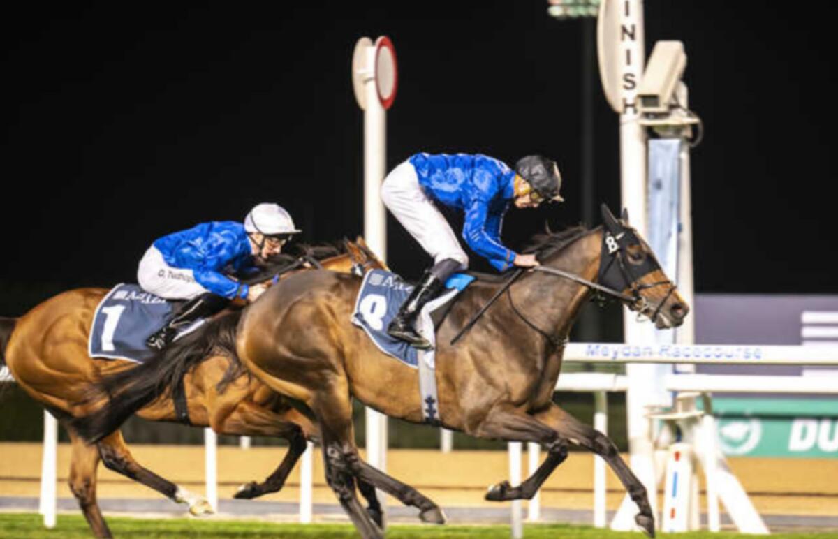 Valiant Prince, ridden by James Doyle, wins the Al Rashidiya, the feature race, at the Dubai World Cup Carnival on Friday. — Photo Shihab