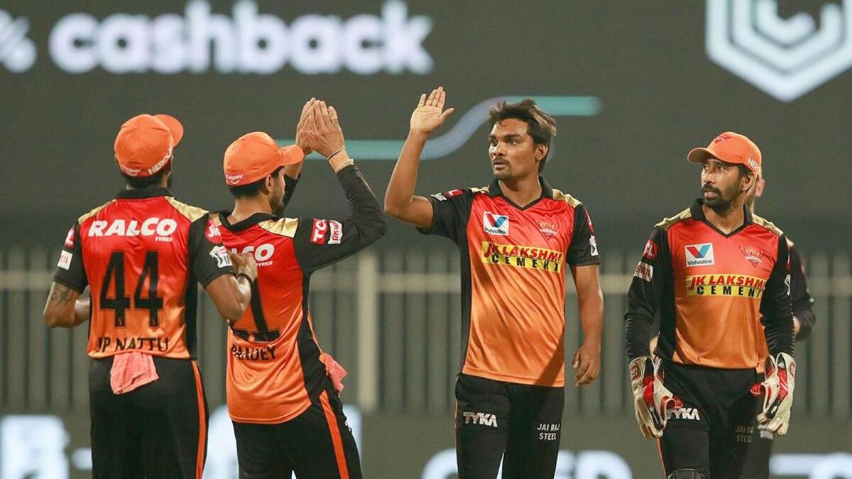 Sandeep Sharma celebrates the dismissal of Devdutt Padikkal with his teammates during the IPL match against Royal Challengers Bangalore.— IPL
