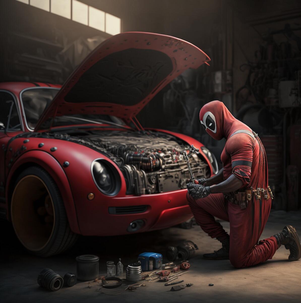 Deadpool working in an auto garage. All the AI artworks are created by Yohan Wadia using Midjourney