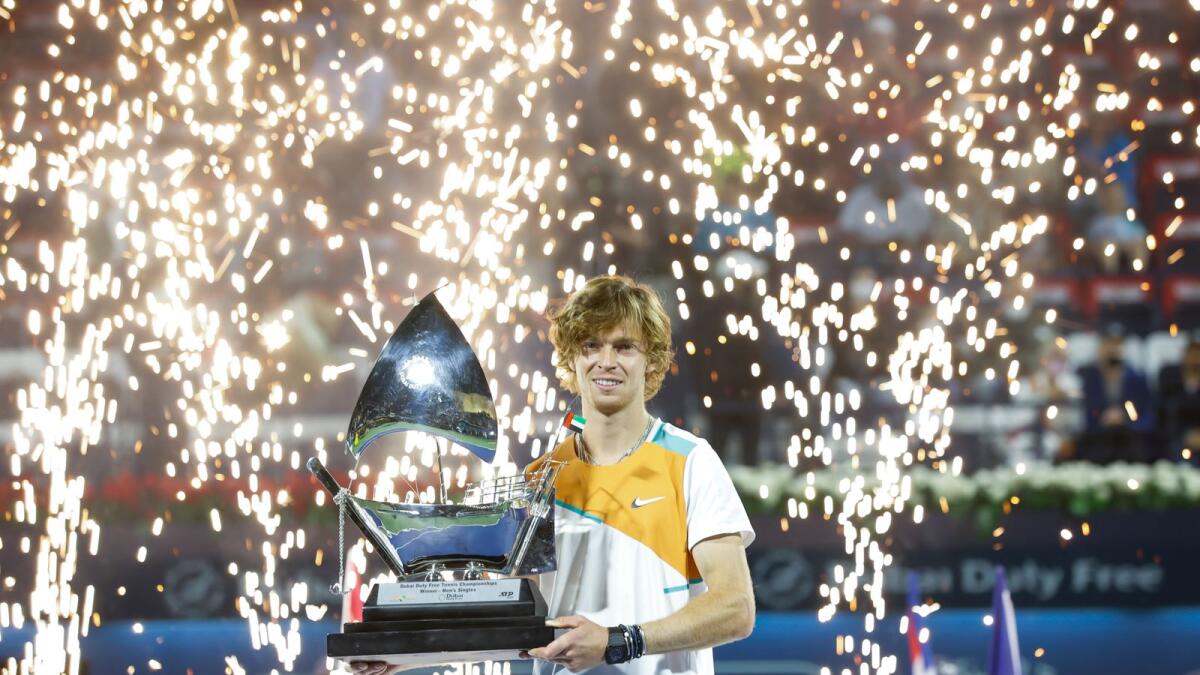 Andrey Rublev poses with the trophy after winning the Dubai Duty Free Tennis Championships on Saturday. (Picture courtesy Dubai Duty Free Tennis Championships)
