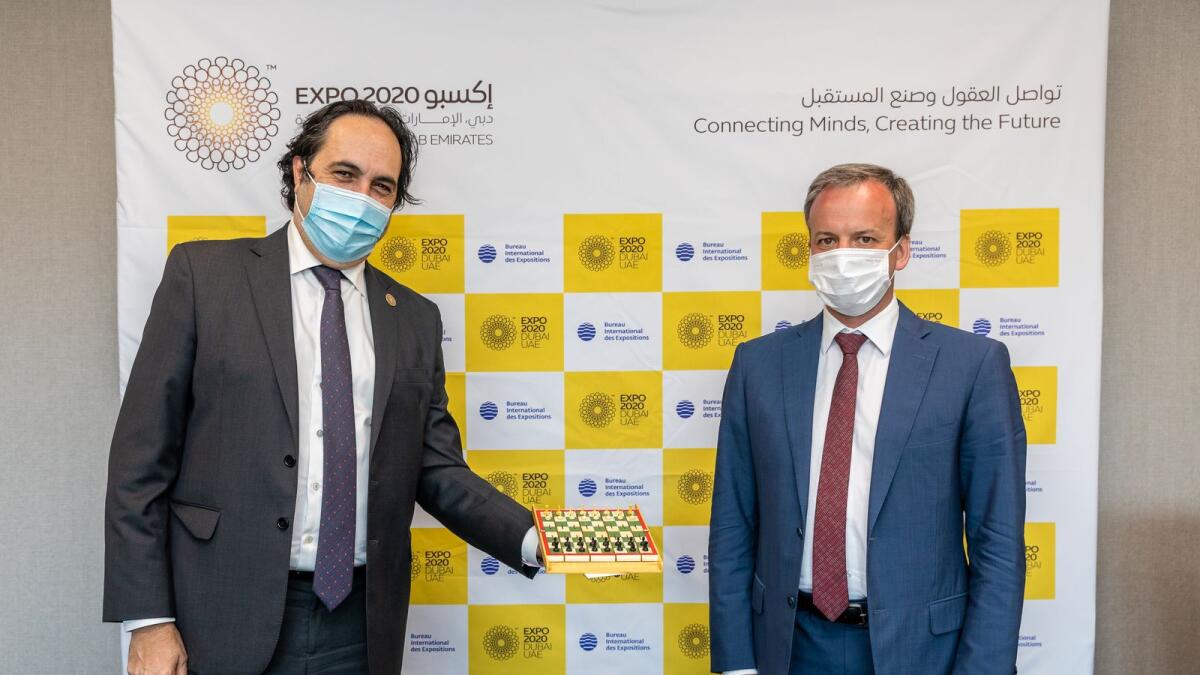 Omar Shehadeh, Chief International Participants Officer, Expo 2020 Dubai with Arkady Dvorkovich, President of the International Chess Federation. — Supplied photo