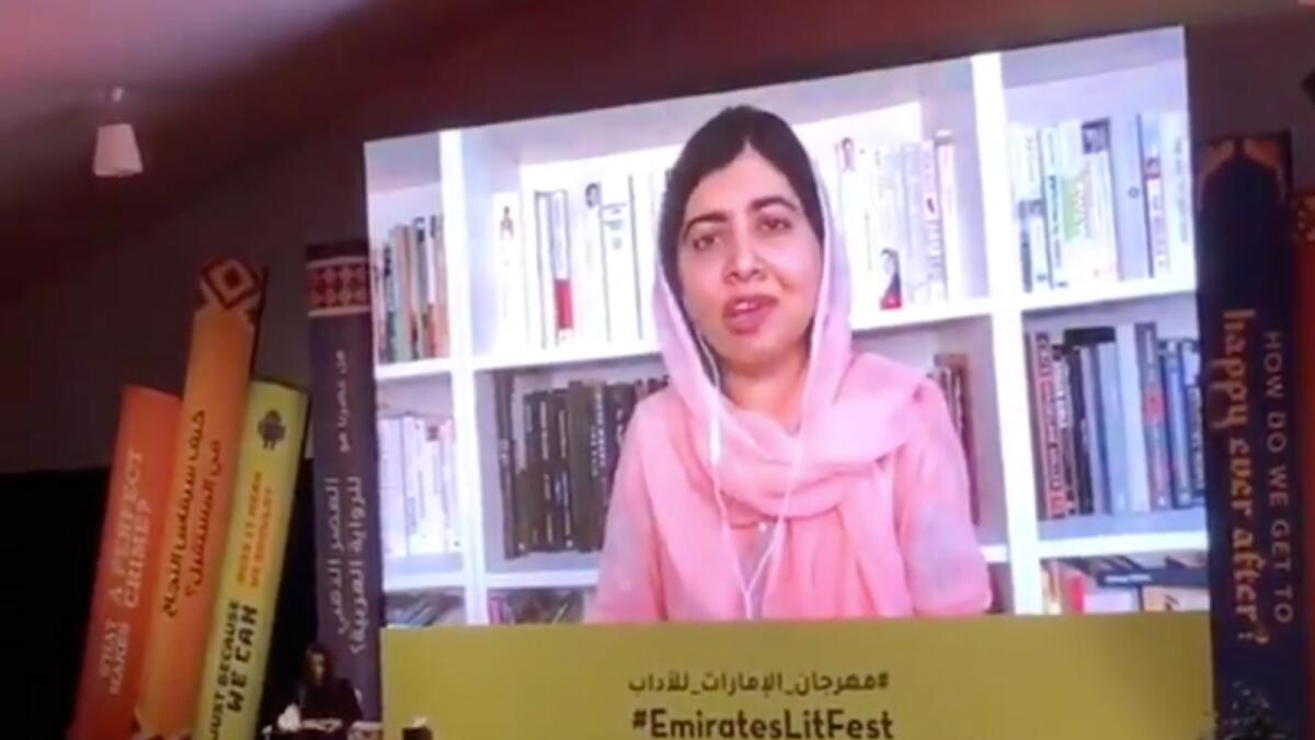 Nobel laureate Malala Yousafzai addressing the audience at a virtual session of the Emirates Literature Festival on Saturday.