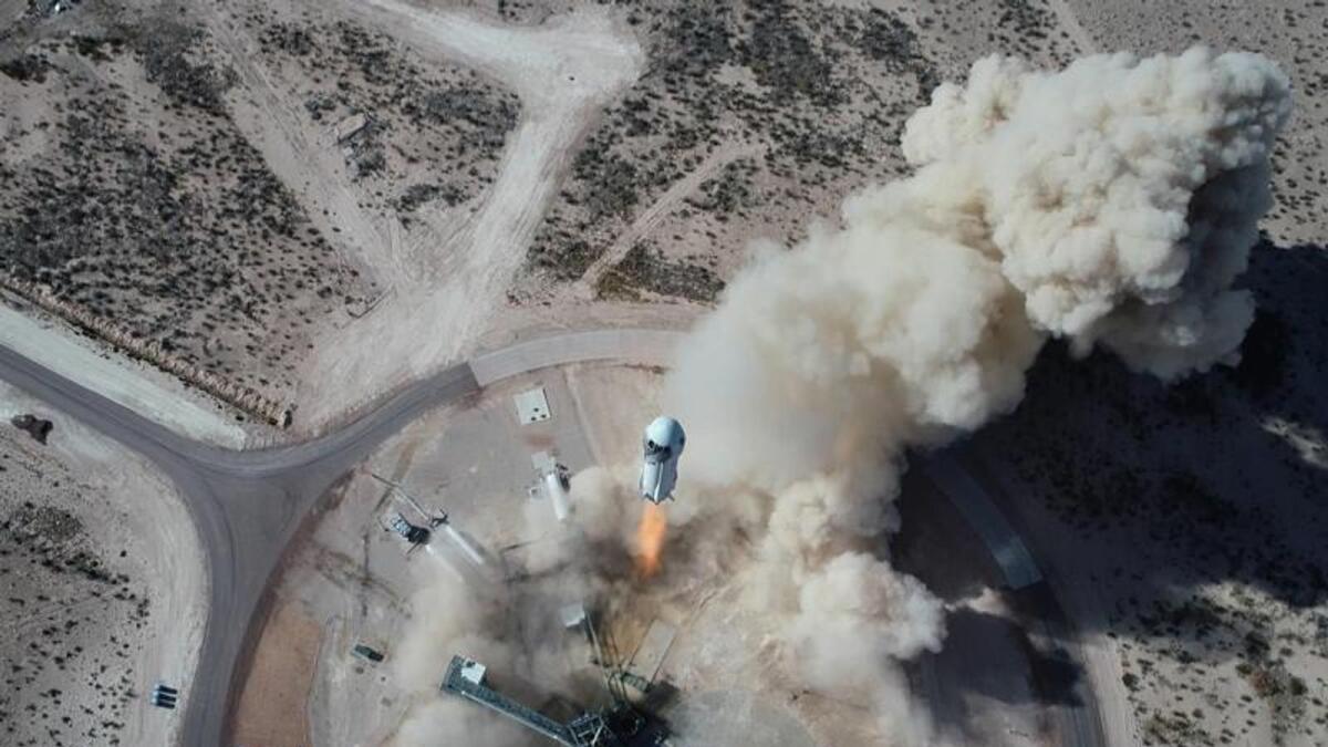 A New Shepard rocket during lift-off in January this year. Photo: AP