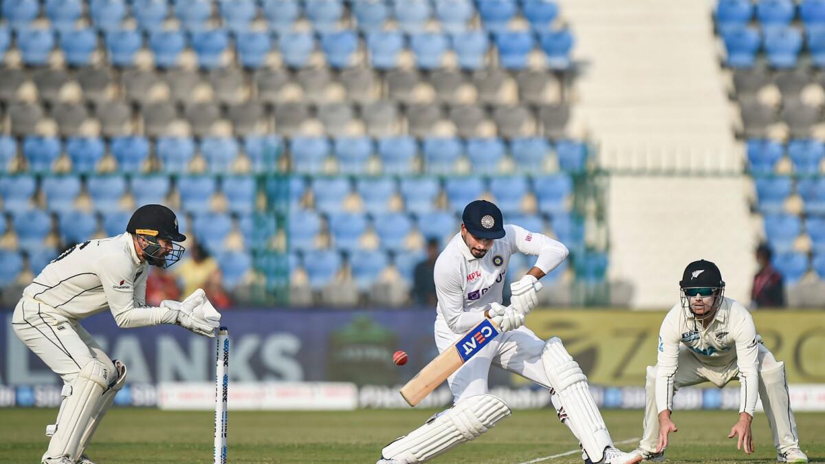 India's Shreyas Iyer plays a shot during the first day of the first Test against New Zealand in Kanpur on Thursday. — PTI