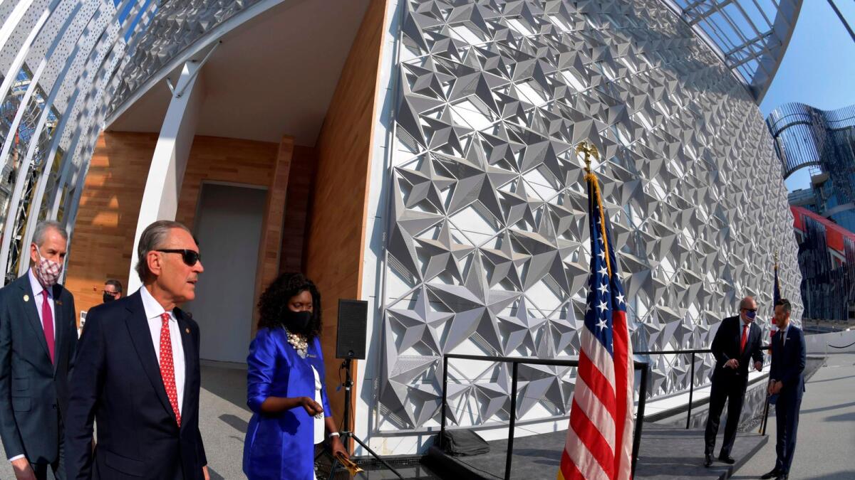 US ambassador to the UAE, John Rakolta (2nd L), attends the unveiling of the US pavilion building at the Dubai Expo 2020 site, on November 18, 2020. AFP