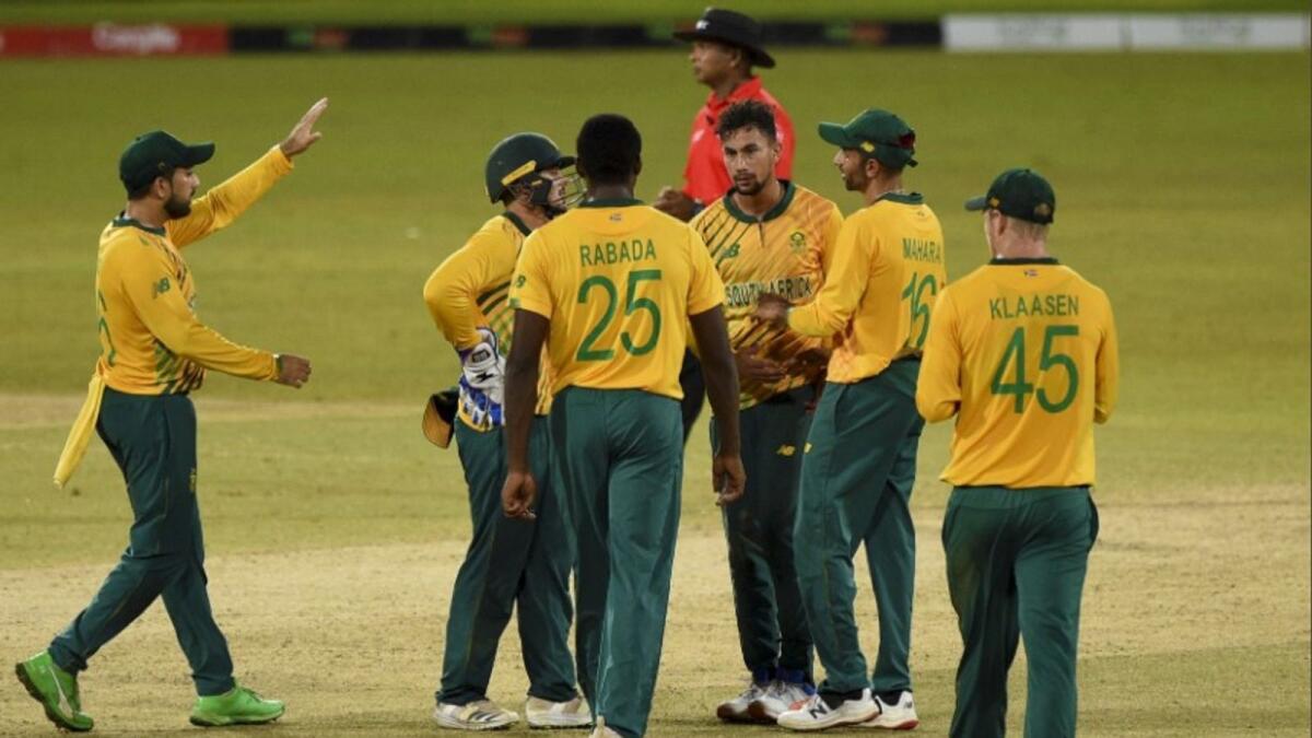 South African players celebrate a wicket during the T20 match against Sri Lanka. (ICC Twitter)