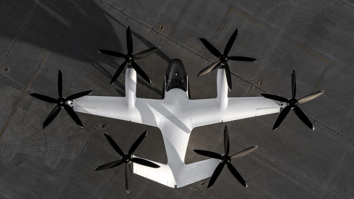 In this 2022 photo provided by Joby Aviation is Joby’s pre-production prototype aircraft at the company’s flight test facility in Marina, Calif. — AP