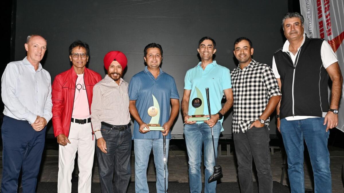 Winners Karan Seth &amp; Vidur Sethi with sponsors, officials and Chief Guest LIV Golfer Anirban Lahiri.- Supplied photo