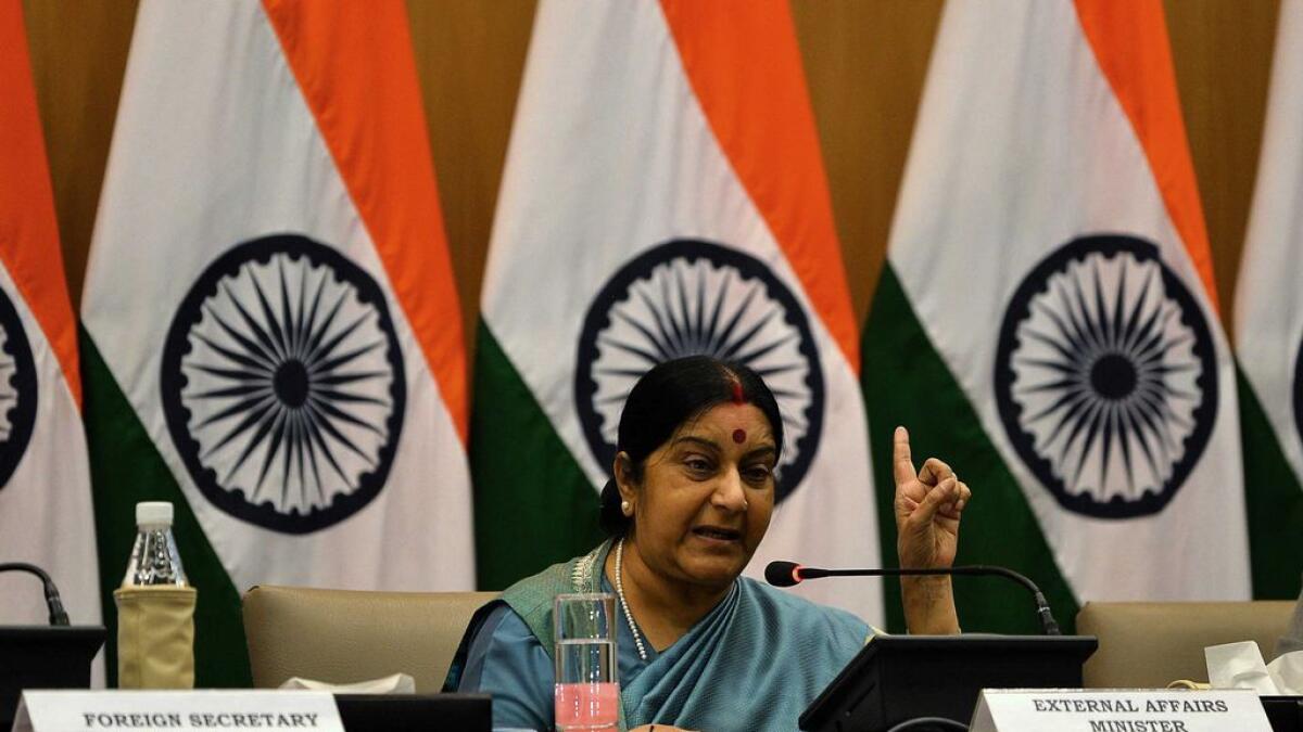 Indian Foreign Affairs Minister Sushma Swaraj gestures during a press conference in New Delhi.