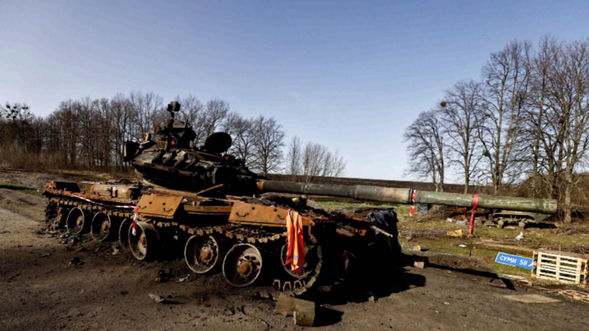 A destroyed Russian tank is seen on the outskirts of Sumy. — Reuters