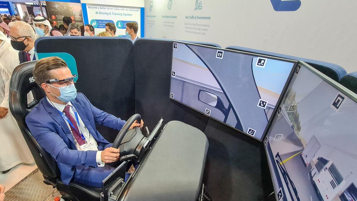 The first AI-Driving Hub is being launched in Dubai and introducing a real-life simulator for professional drivers displayed at the opening day of the 18th IRF World Meeting &amp; Exhibition held at Dubai World Trade Centre in Dubai - Photo by M. Sajjad