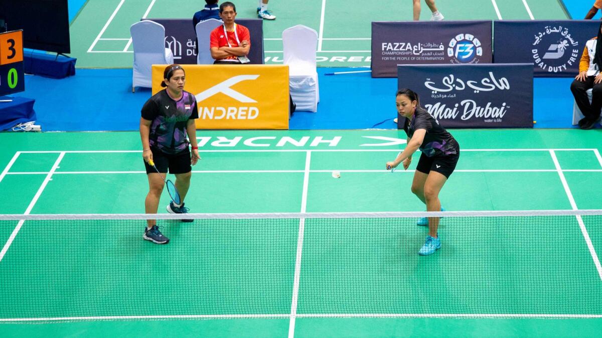 Indonesian top seeds Leani Ratri Oktila (left) and Khalimatus Sadiyah in action in their women's doubles SL3-SL4 quaterfinals. - Supplied photo