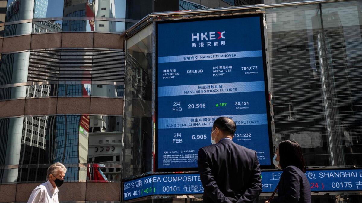 The Hong Kong Stock Exchange. MSCI’s broadest index of Asia-Pacific shares outside Japan touched its lowest level since January 6 in early trade, but rose about 0.3 per cent as the day wore on. - AFP