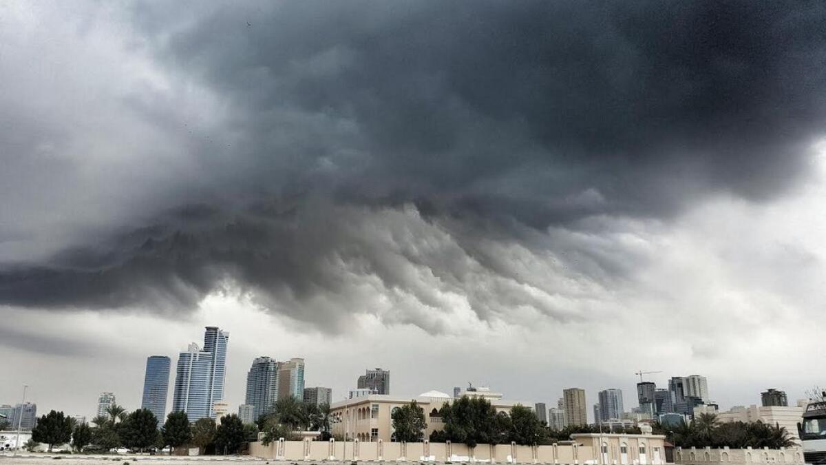 View at the AlKhan Beach on Wednesday as hail, thunder, and heavy rain lash UAE