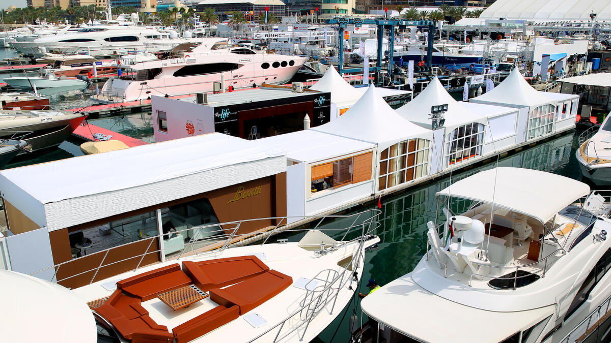 Boats displayed during the 24th Dubai International Boat Show.