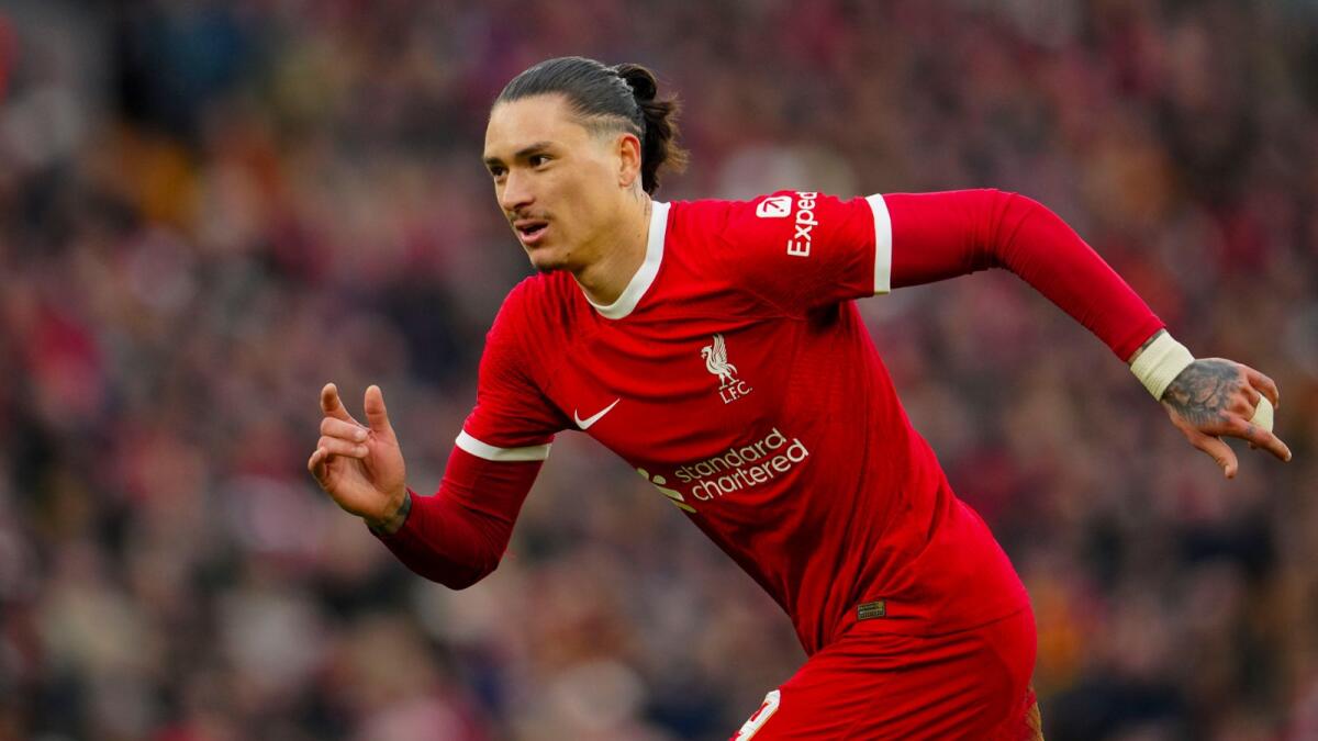 Liverpool's Darwin Nunez in action during the English FA Cup fourth round soccer match between Liverpool and Norwich, at Anfield stadium. - AP