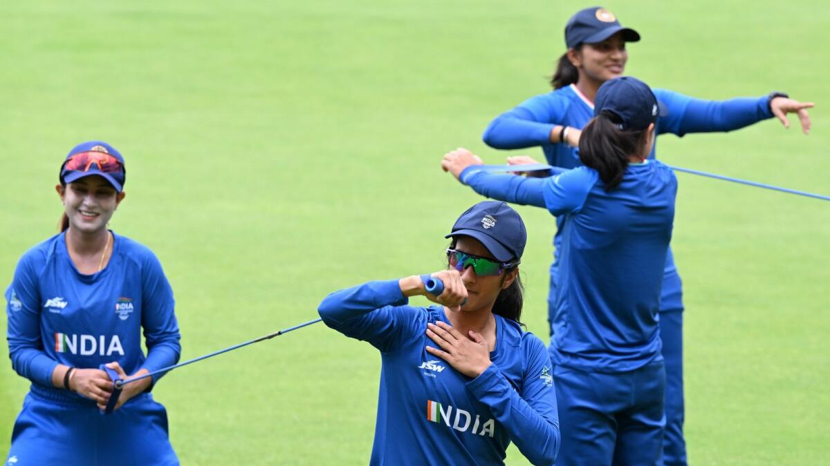 The Indian women's cricket team during a training session at Edgbaston on Wednesday. — PTI
