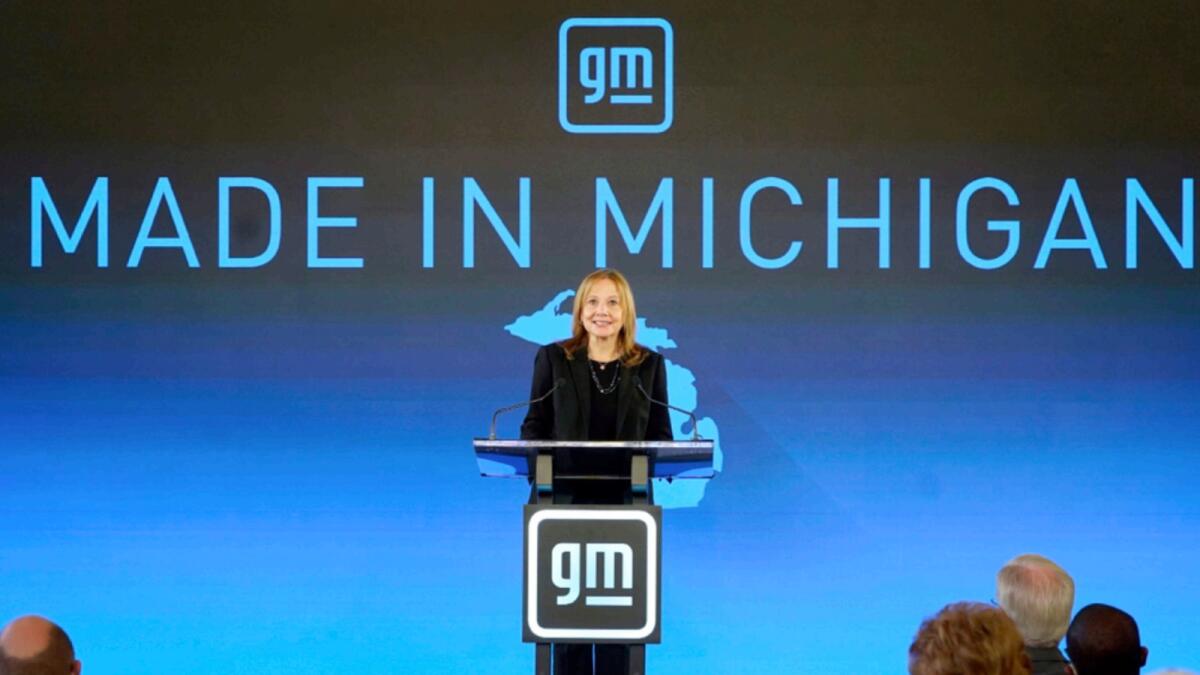 Mary Barra, General Motors CEO, speaks during a news conference in Lansing. — AP