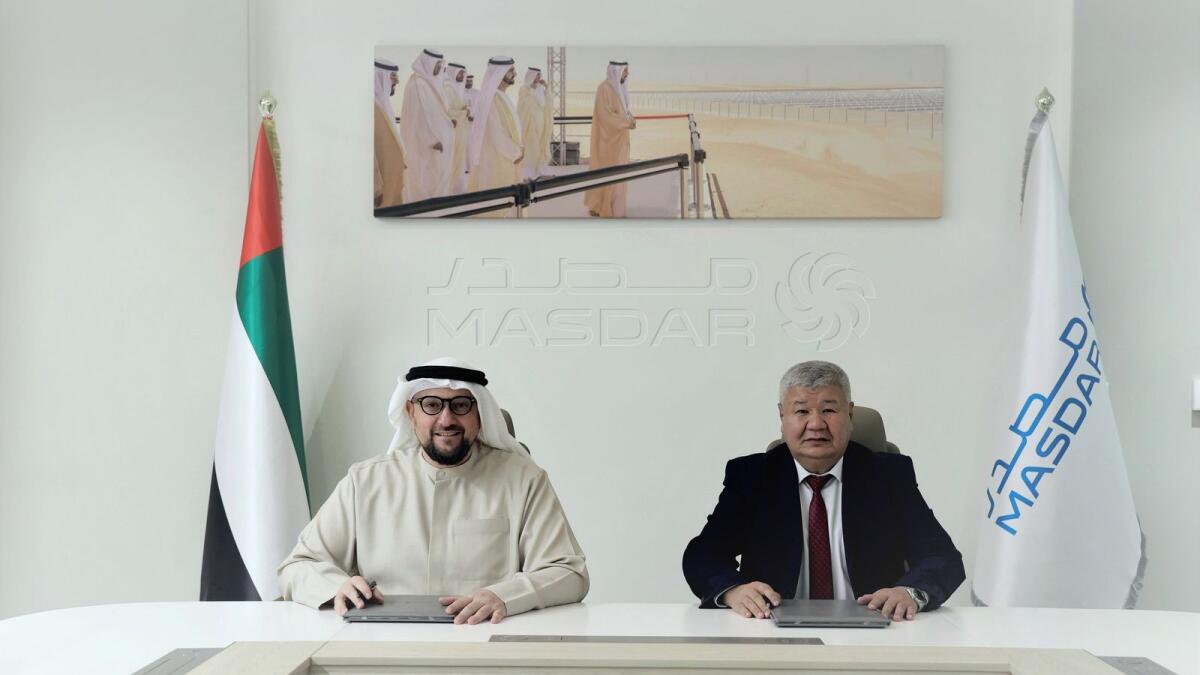 Ibraev Taalaibek Omukeevich, Minister of Energy of the Kyrgyz Republic, and Mohamed Jamel Al Ramahi, chief executive officer of Masdar, signed the implementation agreement. — Wam