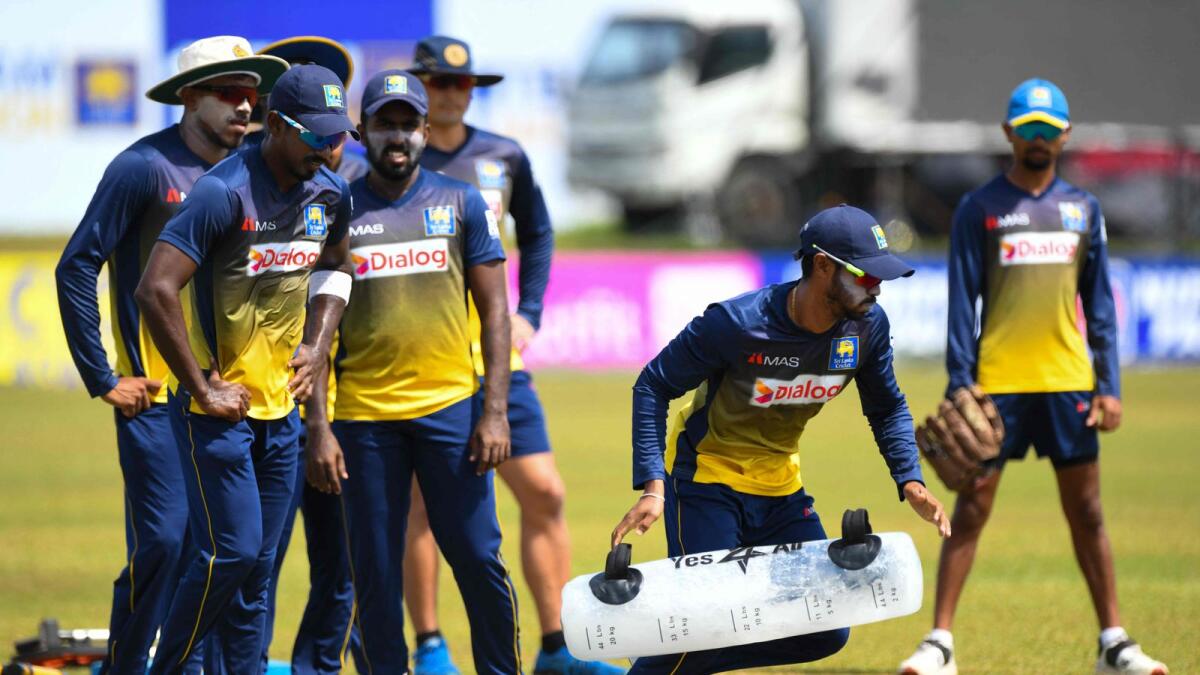 Sri Lankan players during a practice session. — AFP