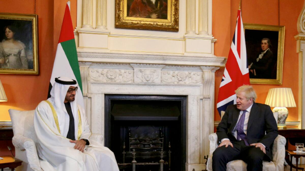 Sheikh Mohamed with Boris Johnson at 10 Downing Street, London. Photo: Reuters