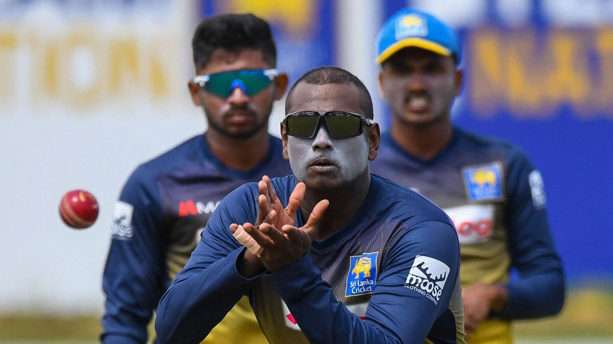Sri Lanka's Angelo Mathews fields during a practice session on the eve of the second Test against Pakistan in Galle on Saturday. — AFP