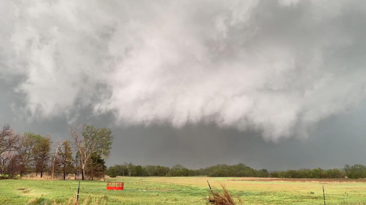 A general view shows a cloudy sky during a rain-wrapped tornado in Cole, Oklahoma. — Reuters