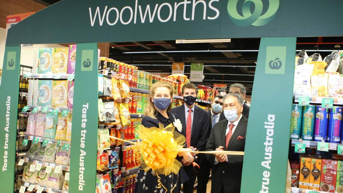 Australian Ambassador to the UAE Heidi Venamore and Al Maya Group director Kamal Vachani during a ribbon-cutting ceremony to mark the launch of the exclusive range of Woolworths’ Macro products at Al Maya supermarkets. — Supplied photo