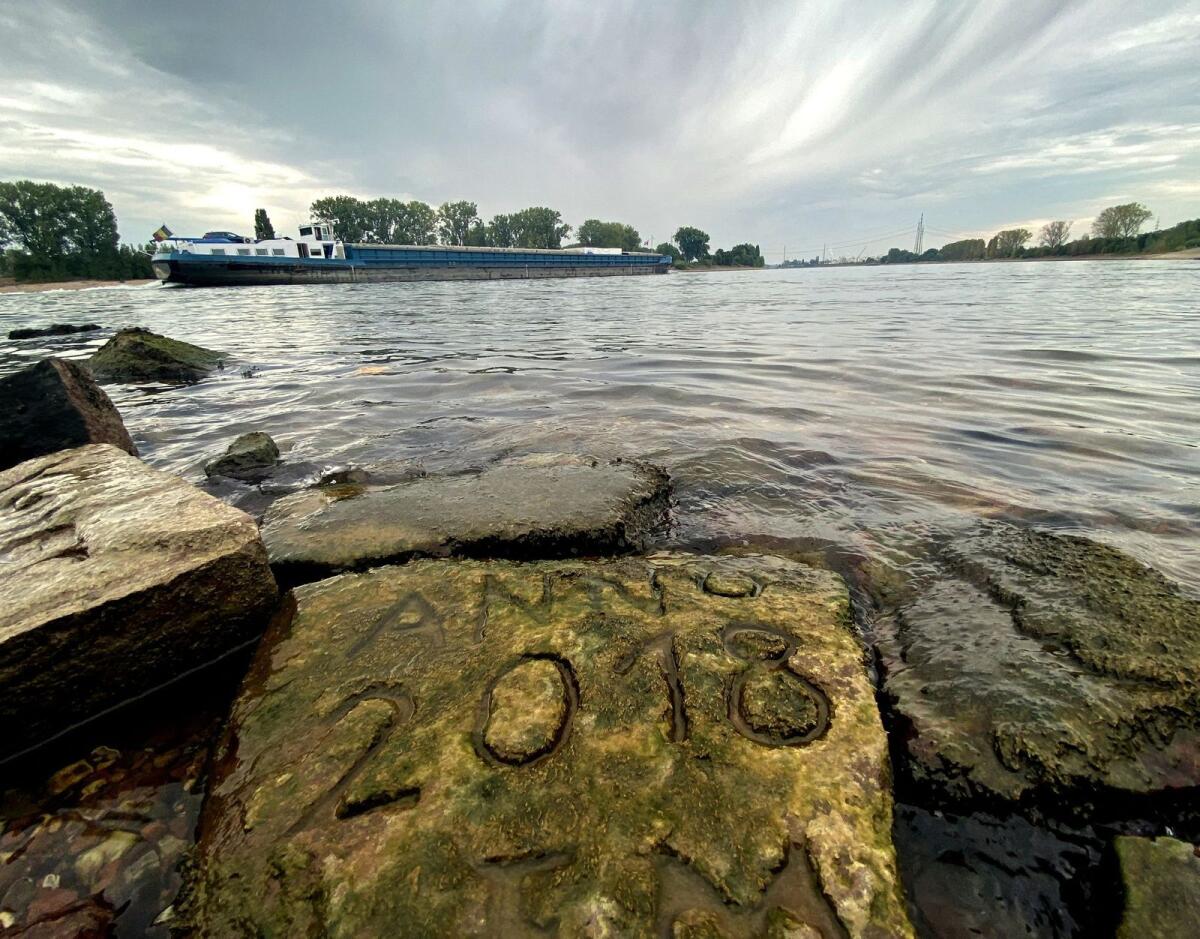 One of the 'hunger stones' is revealed by the low level of water in Worms, Germany