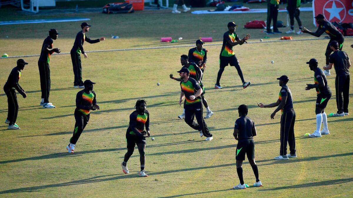 Zimbabwe's cricketers attend a practice session at the Rawalpindi Cricket Stadium. — AFP