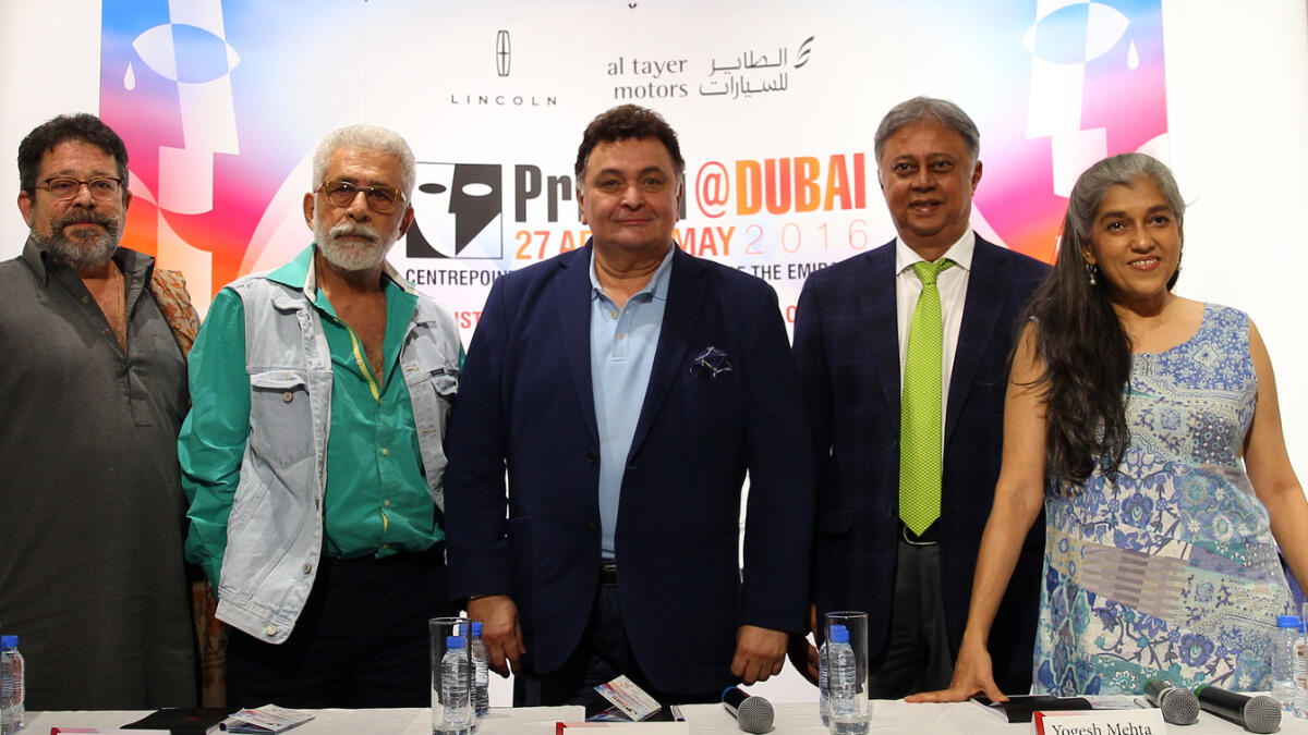 Kunal Kapoor, Naseeruddin Shah, Rishi Kapoor, Yogesh Mehta, Ratna Pathak Shah during the Prithvi at Dubai press conference at DUCTAC