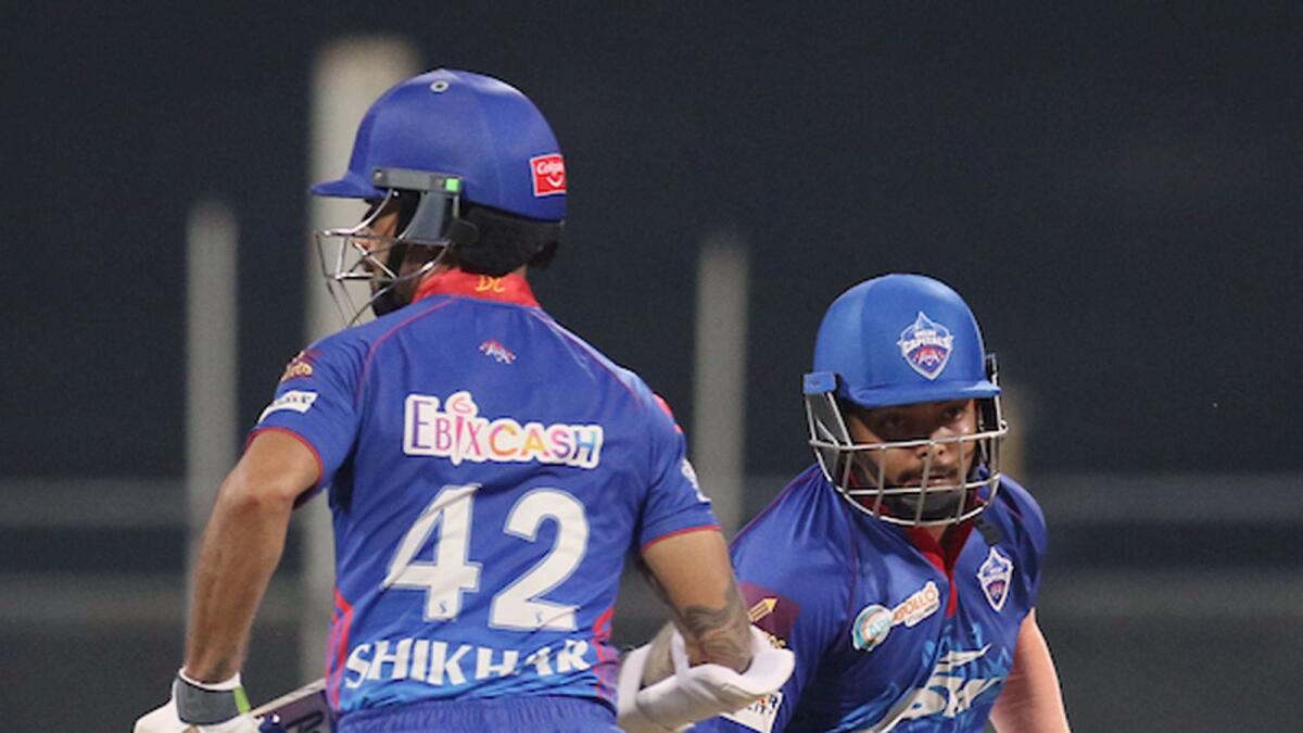 Shikhar Dhawan and Prithvi Shaw of Delhi Capitals running between the wicket during the match against Punjab Kings. — ANI