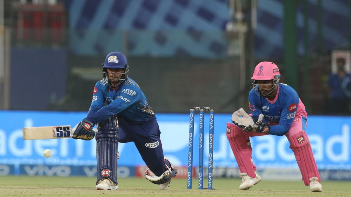 Quinton de Kock of the Mumbai Indians plays a shot during the match against the Rajasthan Royals. (BCCI)