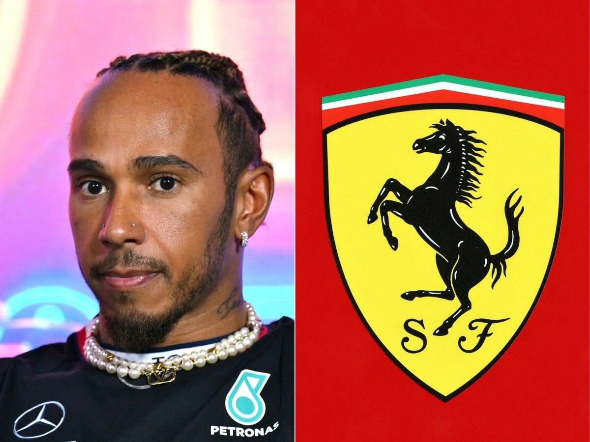 Lewis Hamilton attending a press conference in 2023, and the logo of Team Ferrari. — AFP