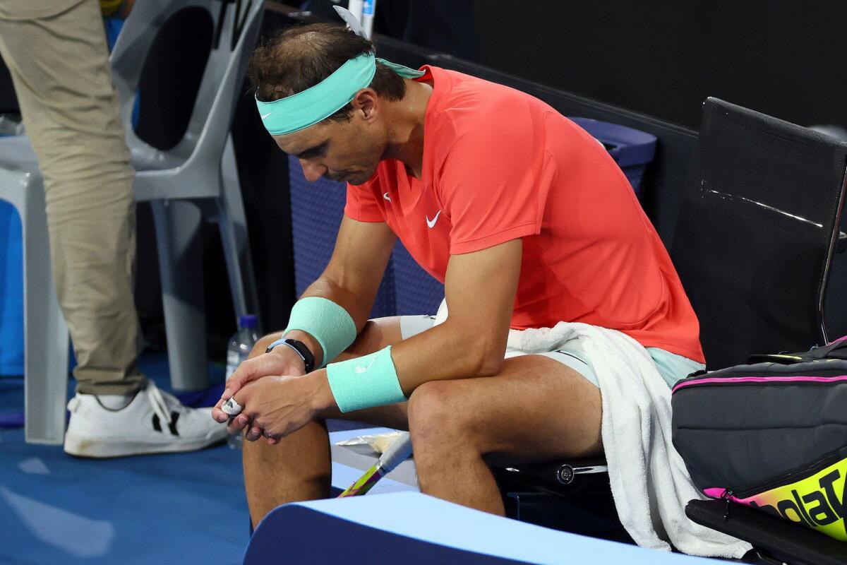 Rafael Nadal of Spain looks dejected after  his loss to Jordan Thompson of Australia during the Brisbane International . - AP