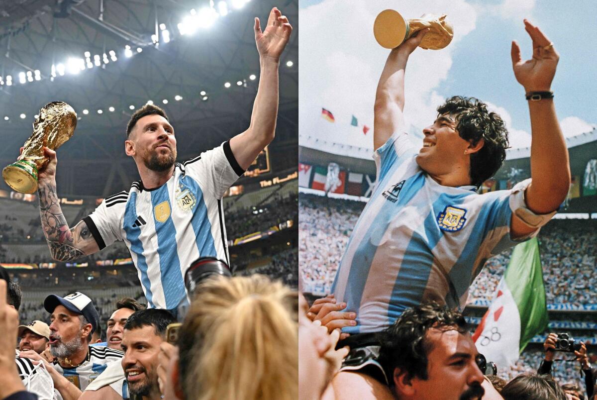 Argentina's forward Lionel Messi (L) holding the World Cup trophy after beating France during the Qatar 2022 World Cup final football match and Argentina's captain Diego Armando Maradona (R) holding the World Cup trophy won by his team after a 3-2 victory over West Germany on June 29, 1986 at the Azteca Stadium in Mexico City. Photo: AFP