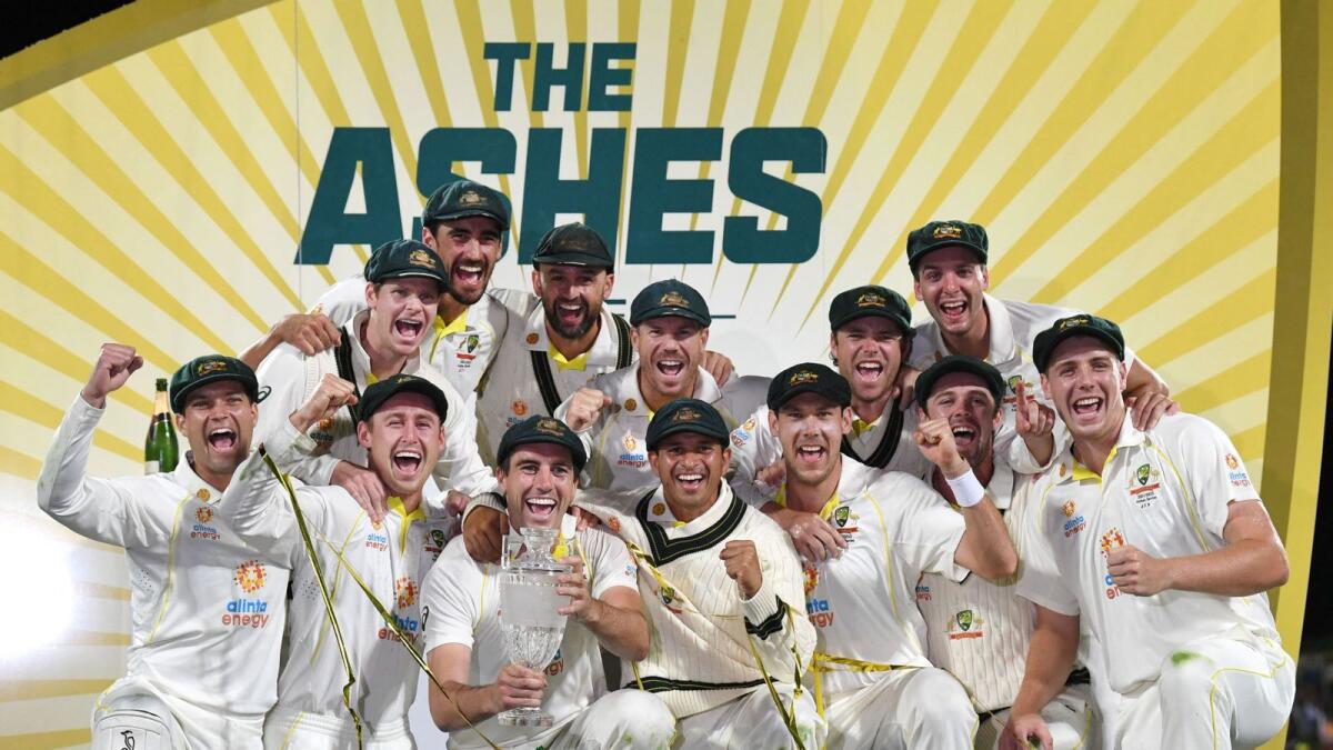 Australian players celebrate after winning the Ashes series. (Reuters)