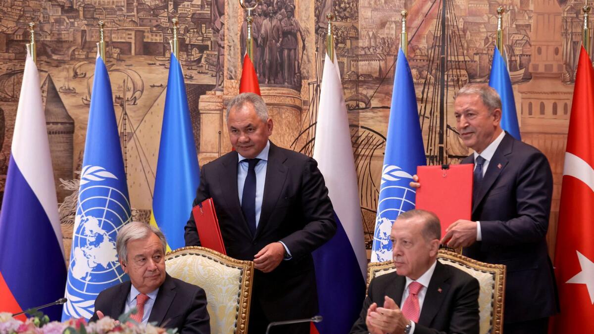 UN Secretary-General Antonio Guterres, Russia's Defence Minister Sergei Shoigu, Turkish President Recep Tayyip Erdogan and Turkish Defence Minister Hulusi Akar attend a signing ceremony in Istanbul, Turkey. Reuters