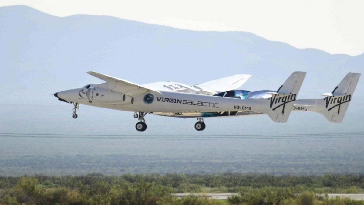 The Virgin Galactic SpaceShipTwo space plane Unity flies at Spaceport America, near Truth and Consequences, New Mexico before travel to the cosmos. — AFP