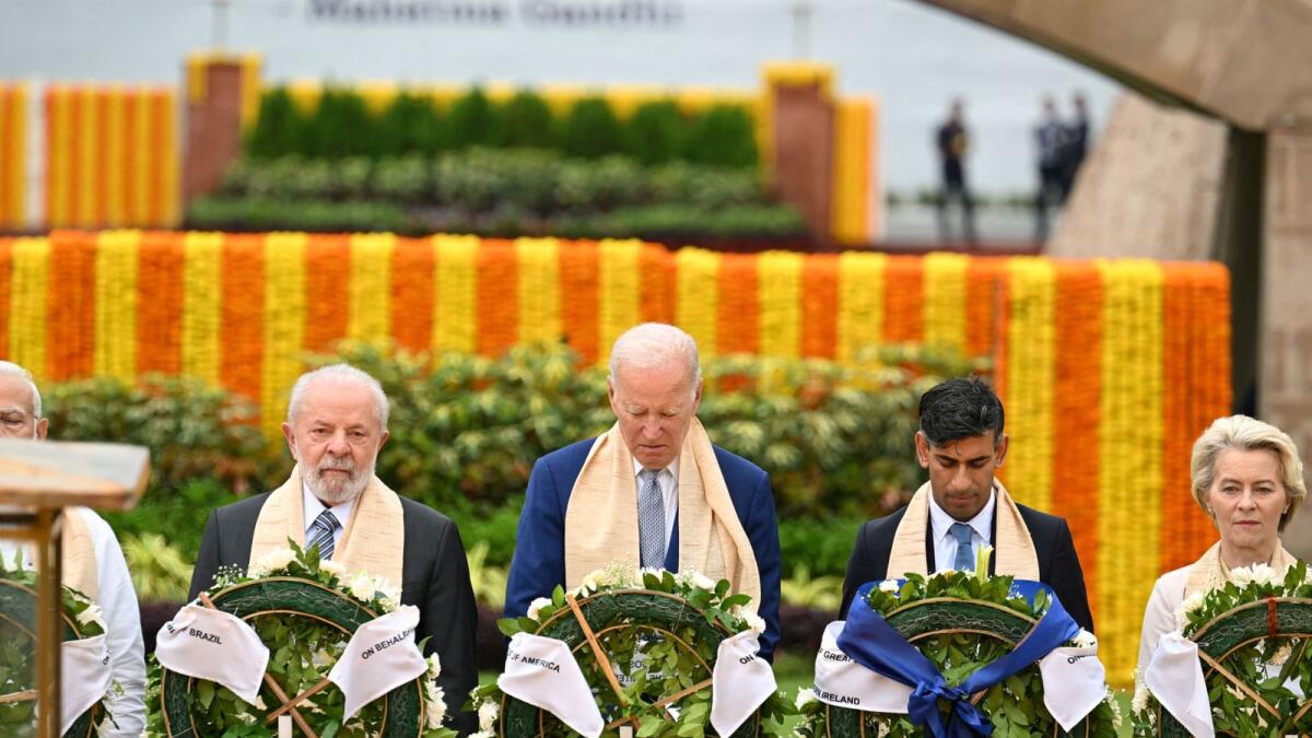 Brazil President Luiz Inacio Lula da Silva, US President Joe Biden, UK Prime Minister Rishi Sunak and European Commission President Ursula von der Leyen visit Raj Ghat memorial with other G20 leaders. — Reuters