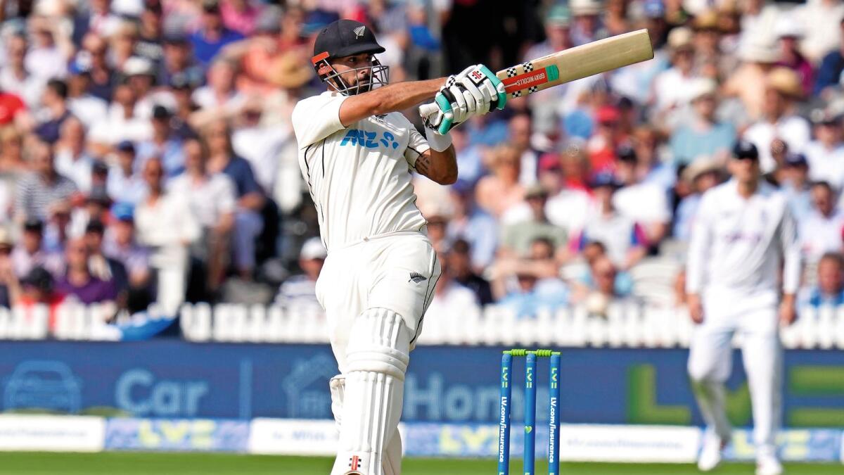 Taking it on: New Zealand’s Daryl Mitchell plays a shot against England on Friday. — AP