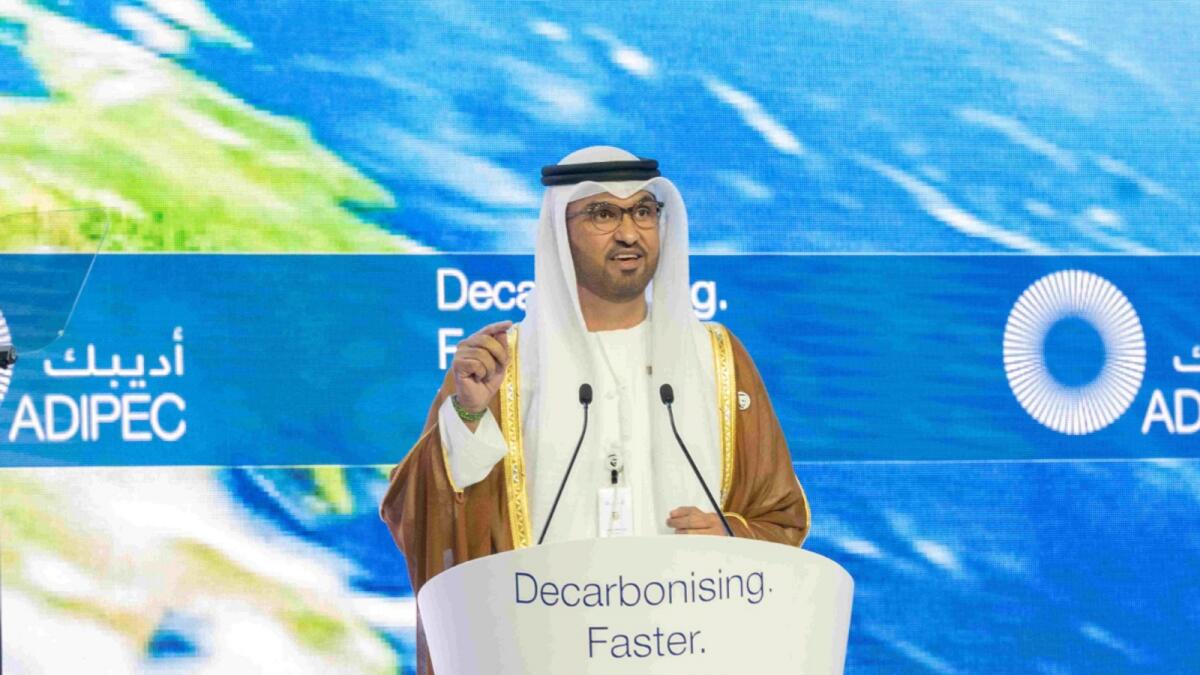 Dr Sultan bin Ahmed Al Jaber speaks at the opening of ADIPEC 2023. — Wam