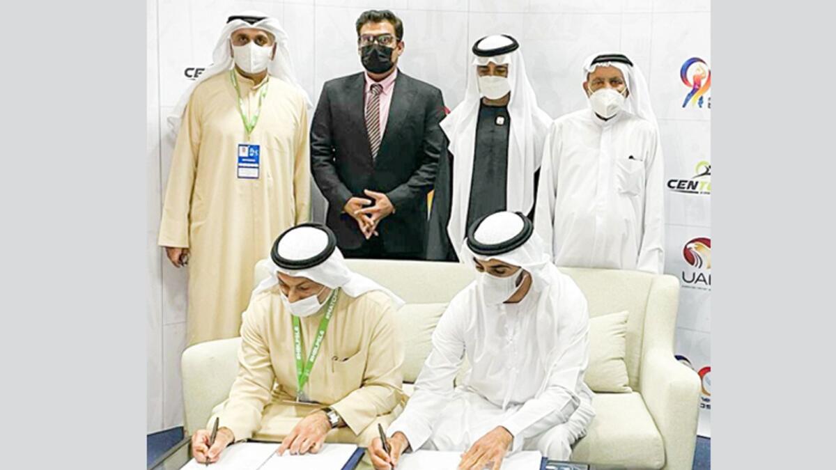 Sheikh Nahyan bin Mubarak Al Nahyan, Khalid Al Zarooni, Aref Al Awani, Abdul Rehman Bukhatir, Salman Iqbal and Khalaf Bukhatir at the signing ceremony in Abu Dhabi. – Supplied photo