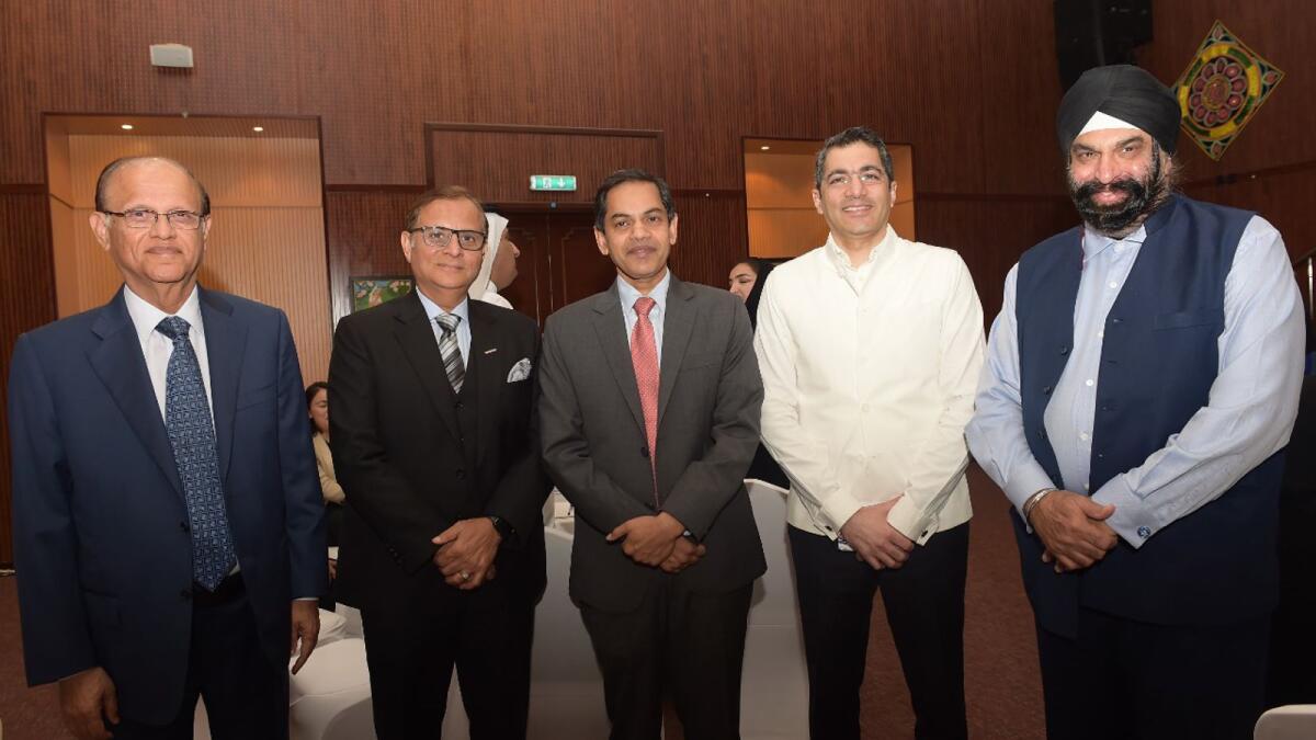 Mohan G. Valrani, chairman at Arcadia Education,co-founder and mentor at Al Shirawi Group, Oasis Investment Company (Al Shirawi Group); Bharat Bhatia, chairman and CEO of Conares; Sunjay Sudhir, Ambassador of India to the UAE; Dr Aman Puri, The Consul-General of India in Dubai; and Surender Singh Kandhari, chairman and founder, Al Dobowi Group, at Consul-General of India in Dubai on Thursday. — Supplied photo