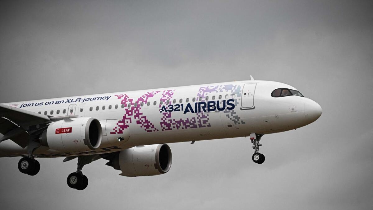 A demonstration of the Airbus A321 XLR during the International Paris Air Show at the Paris–Le Bourget Airport.  — AFP