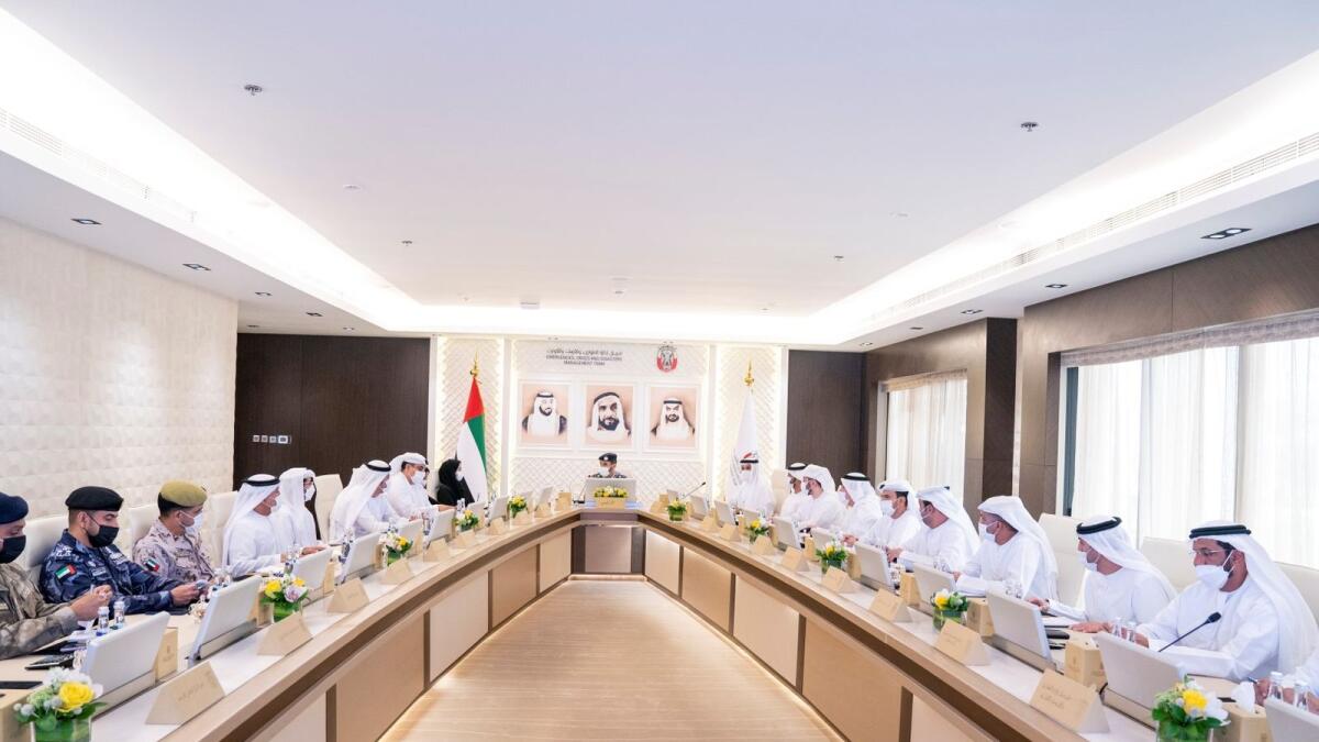 A meeting of Abu Dhabi Emergencies, Crises and Disasters Management Team on Sunday. — Wam
