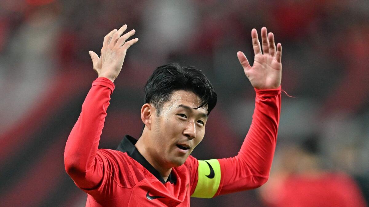 South Korea's Son Heung-min celebrates his goal against Cameroon during the friendly in Seoul on Tuesday. — AFP